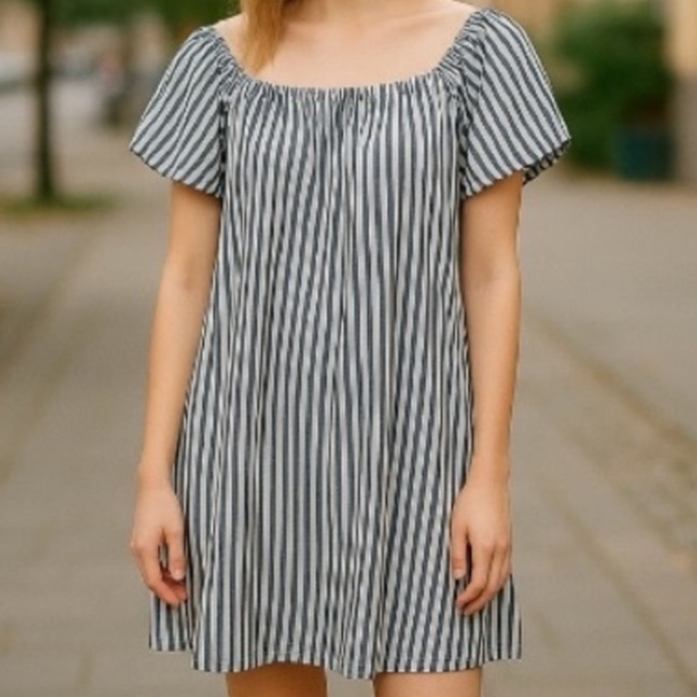 Mia Moda Womens Blue and White Striped Baby Doll Mini Summer Dress Elastic Neck - Picture 1 of 9